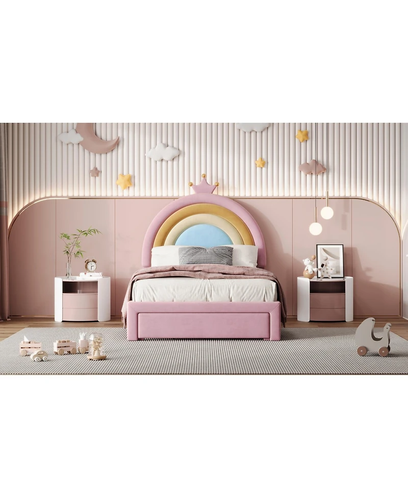 Streamdale Furniture Twin Velvet Princess Platform Bed with Storage, Upholstered Rainbow Design