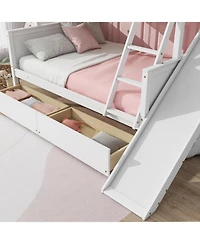 Streamdale Furniture Twin over Full Bunk Bed with 2 Drawers, Slide, Shelves, Ladder, Rubber Wood Bunk Bed with Slide, Drawers