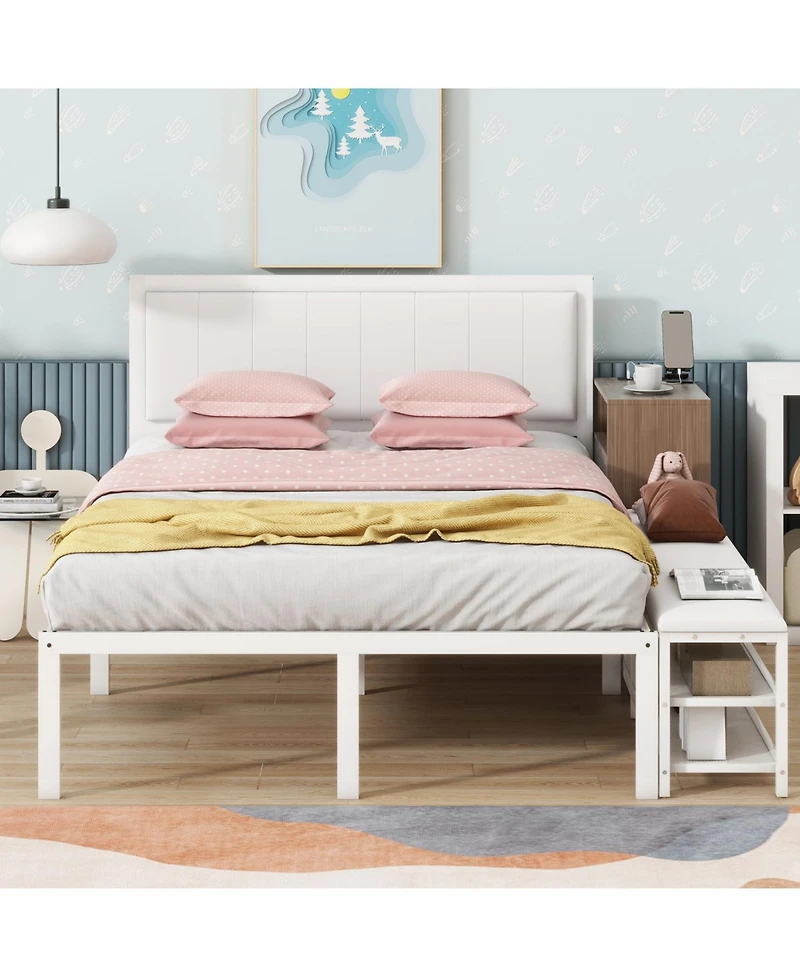 Streamdale Furniture Metal Platform Bed with Two-Tier Storage Shelves, Wooden Cabinet