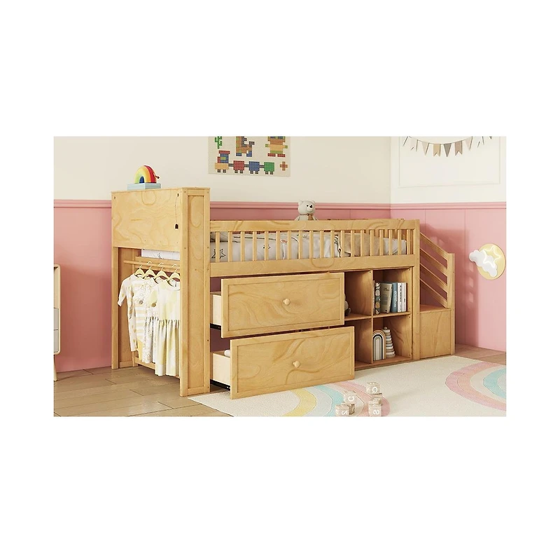 Streamdale Furniture Twin Loft Bed Wood (NaturalStreamdale Furniture Twin Loft Bed Wood (Natural Finish) Led, Bookshelf, Stairs, Drawers, Shelves Bed