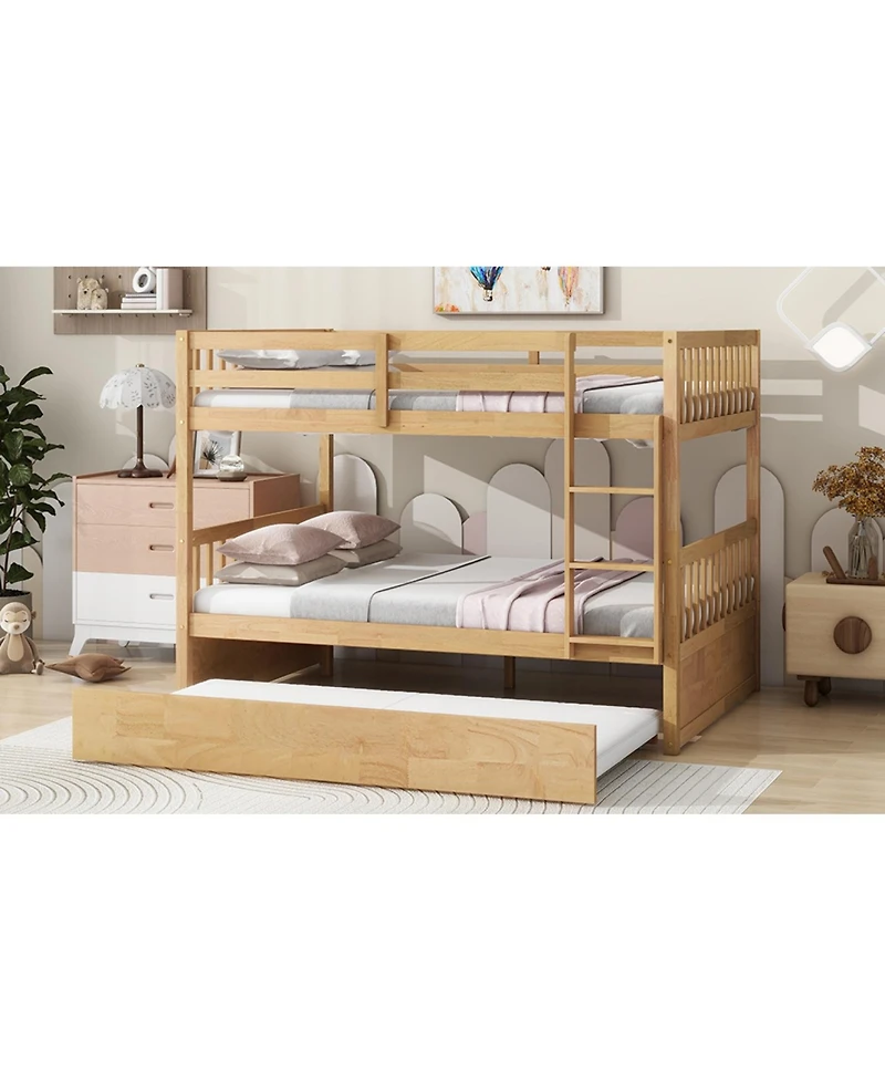 Streamdale Furniture Rubber Wood Full/Full Bunk Bed with Trundle and Guardrails, Convertible to 2 Beds