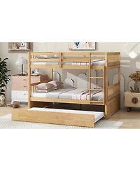 Streamdale Furniture Rubber Wood Full/Full Bunk Bed with Trundle and Guardrails, Convertible to 2 Beds