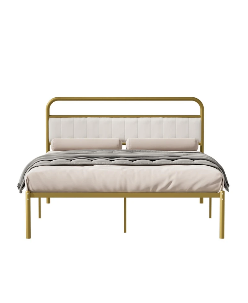 Streamdale Furniture Metal Steel Platform Bed Frame with Upholstered Headboard cushion (Queen Size) - Gold