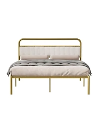 Streamdale Furniture Metal Steel Platform Bed Frame with Upholstered Headboard cushion (Queen Size) - Gold
