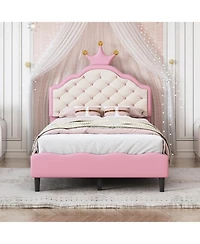 Streamdale Furniture Twin Size Lovely Crown Fantasy Pu Leather Princess Bed with Tufted Headboard, Pink+Cream