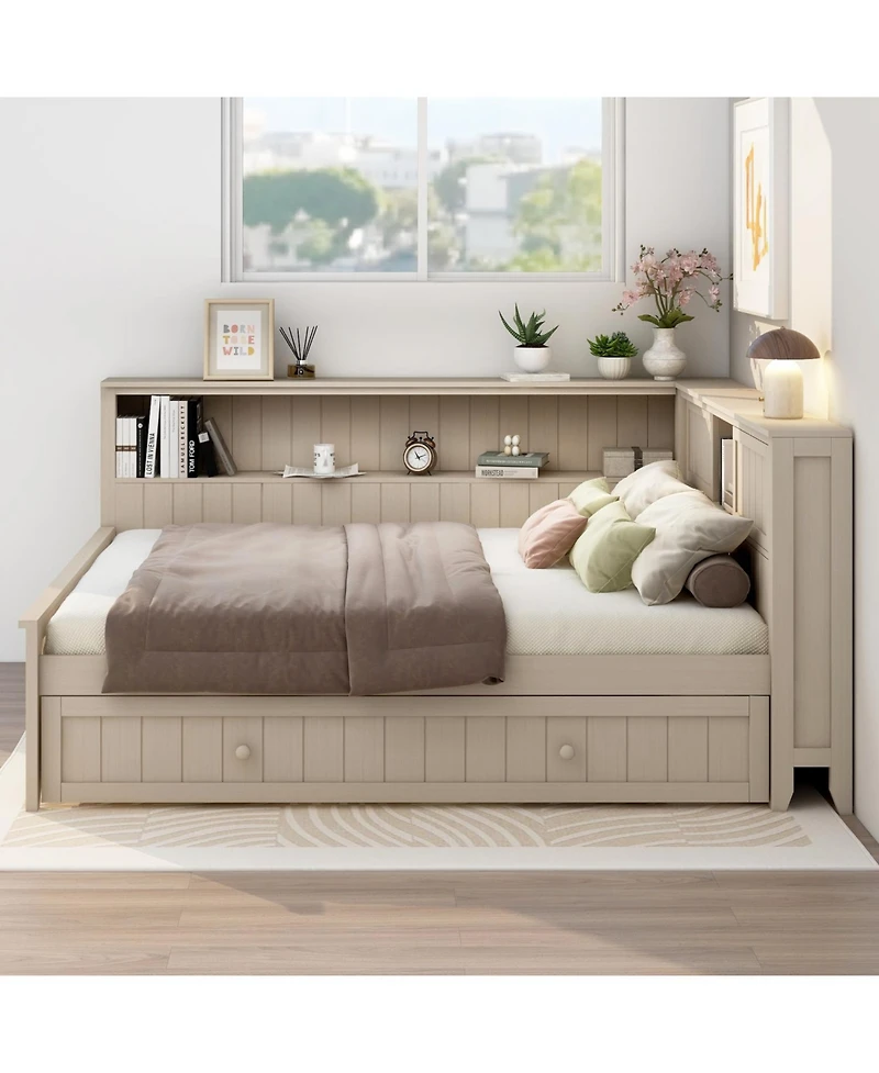 Streamdale Furniture Full Size Wood Daybed with Storage Shelves and Trundle