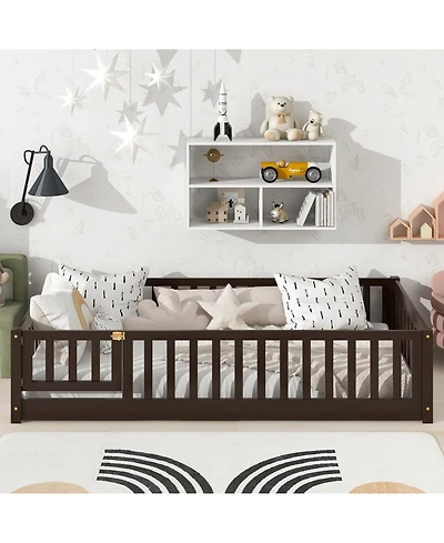 Streamdale Furniture Twin Espresso Floor Bed with Fence & Door