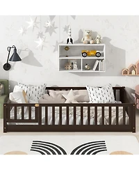 Streamdale Furniture Twin Espresso Floor Bed with Fence & Door