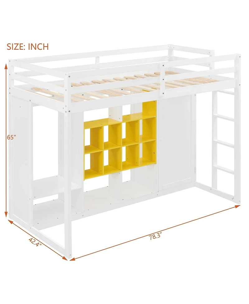 Streamdale Furniture Twin Size Wood Loft Bed with Wardrobe, shelves and Cabinet