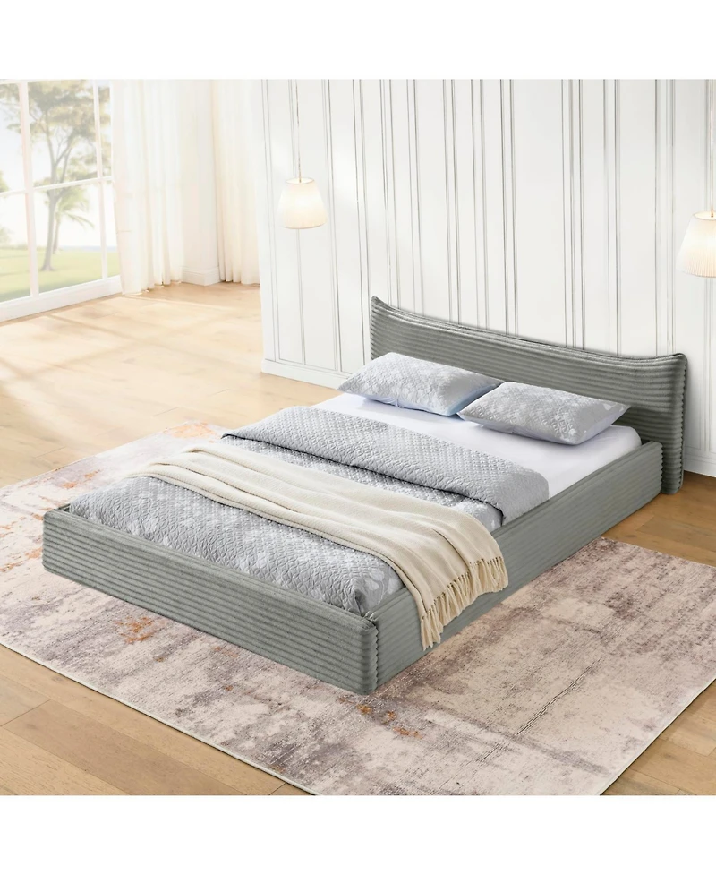 Streamdale FurnitureQueen Upholstered Platform Bed Frame - Curved Headboard, No Box Spring-Grey