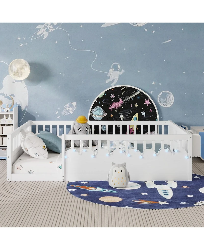 Streamdale Furniture Montessori Floor Bed Frame, High Rails, Light & Shelf, White