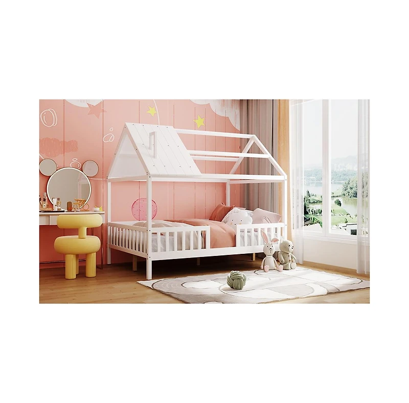 Streamdale Furniture Full Size Wood House Bed with Fence