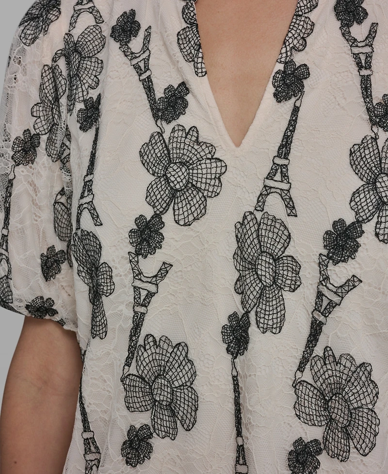 Karl Lagerfeld Paris Women's Popover Lace Short-Sleeve Top