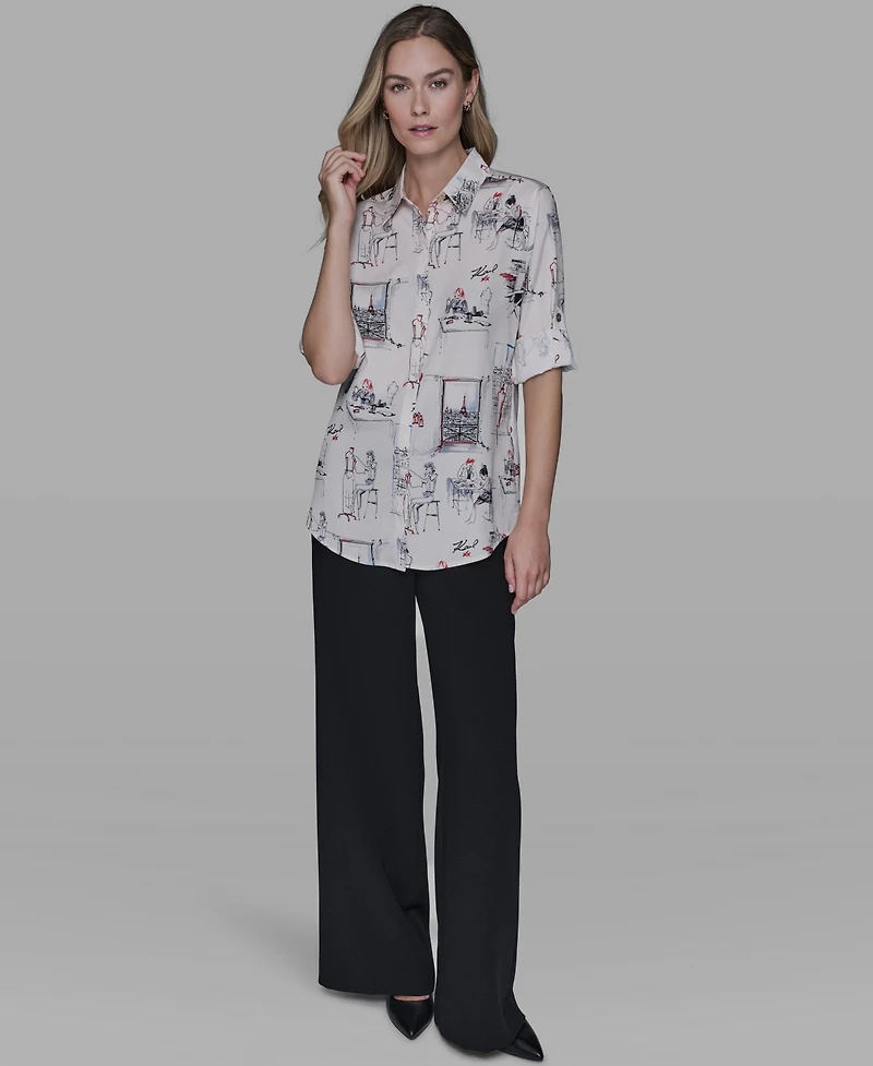 Karl Lagerfeld Paris Women's Printed Button-Front Blouse