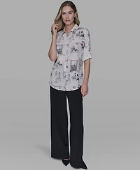 Karl Lagerfeld Paris Women's Printed Button-Front Blouse