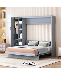 Streamdale Furniture Queen Size Murphy Bed Wall Bed with Shelves, Wardrobe and Led Lights,Gray