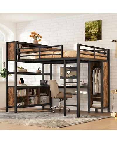 Streamdale Furniture Queen Loft Bed with Wardrobe, Desk & Storage - Black Woodgrain