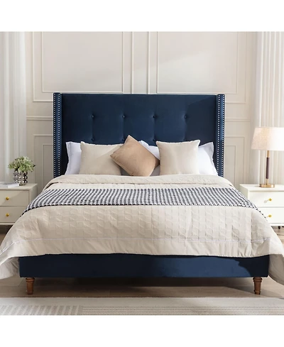 Streamdale Furniture Peyton Queen Upholstered Bed Blue Velvet, Easy Assembly