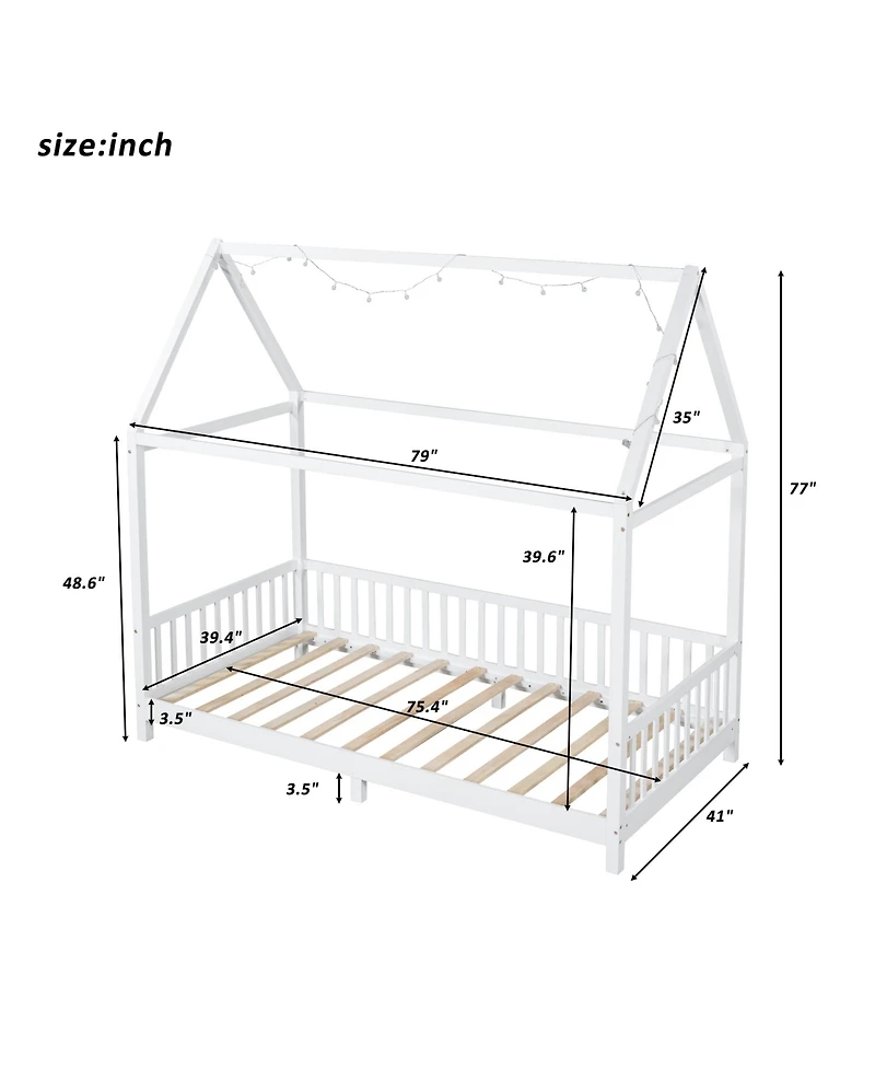 Streamdale Furniture Wood Twin Size House Bed with Guardrail and Led