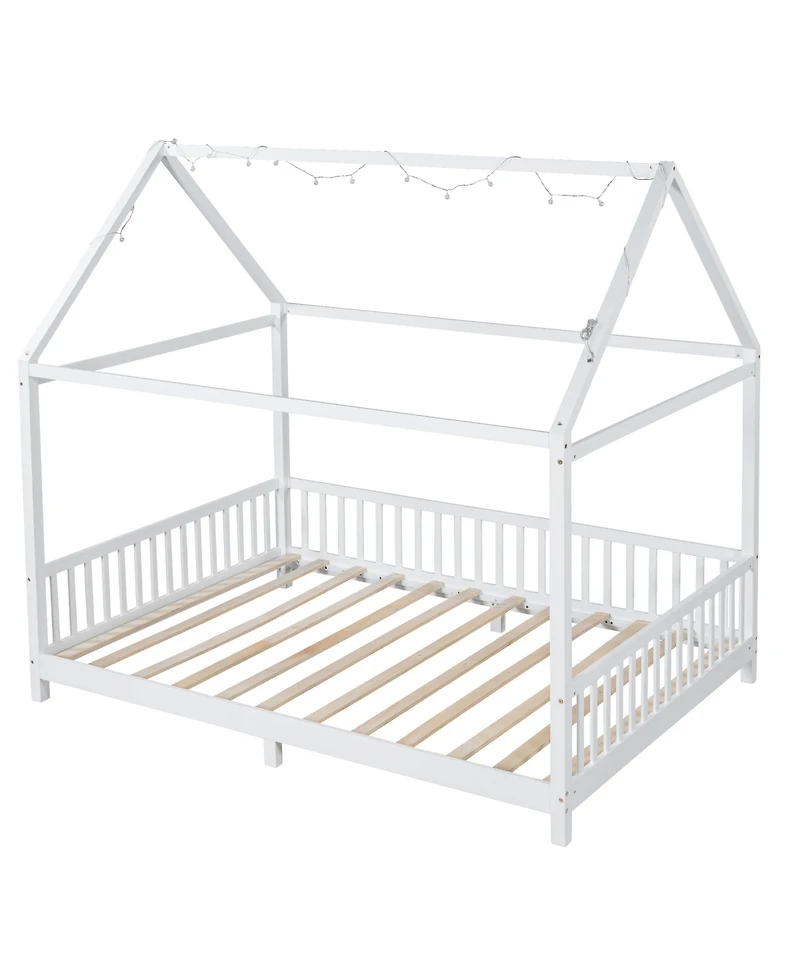 Streamdale Wood Full Size House Bed with Guardrail and Led, White