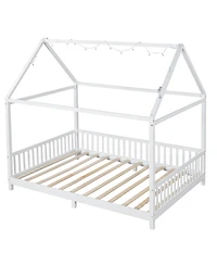 Streamdale Wood Full Size House Bed with Guardrail and Led, White