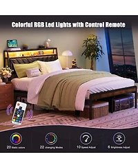 Streamdale Furniture Platform Bed Frame with Led Headboard and Charging Station