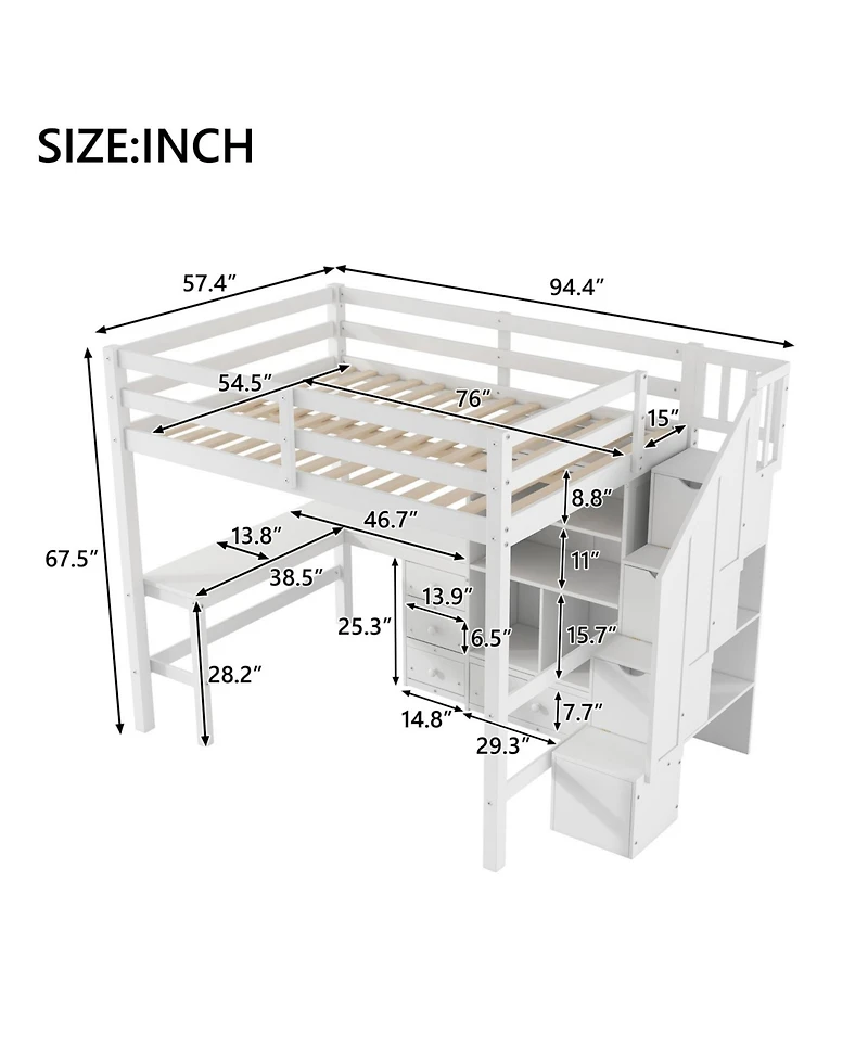 Streamdale Furniture Full Loft Bed with Desk, Drawers & Storage Staircase