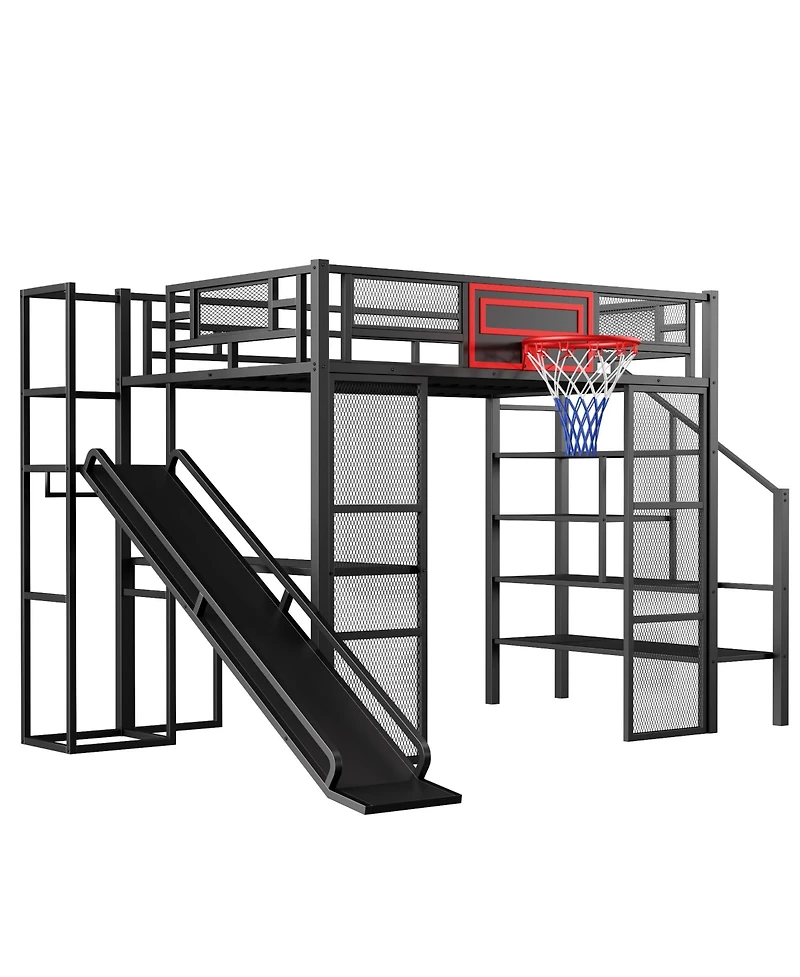 Streamdale Furniture Metal Loft Bed with Desk, Wardrobe, Slide & Stairs