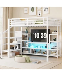 Streamdale Furniture Full Size White Metal Loft Bed with Staircase & Wardrobe