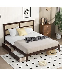 Streamdale Furniture King Bed Rattan Headboard, Storage Drawers, Espresso