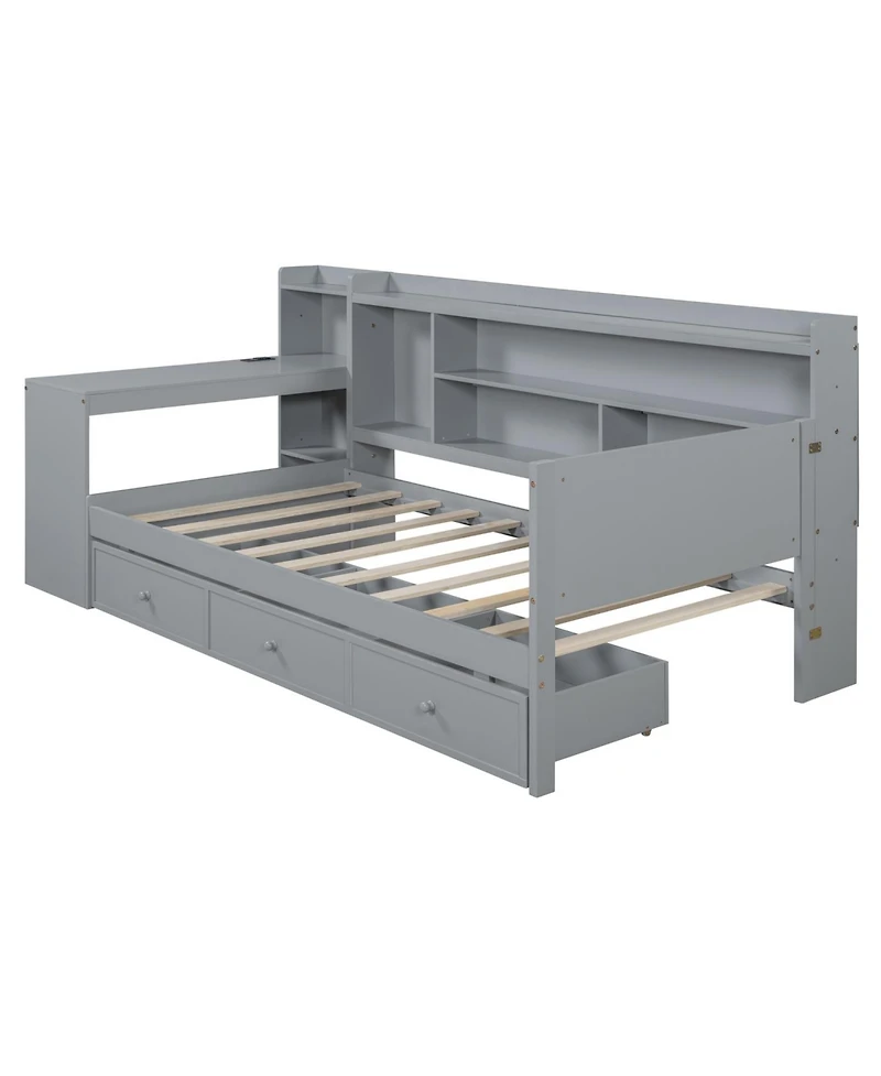 Streamdale Furniture Twin Size Wooden Daybed With 3 Drawers, Usb Ports and desk