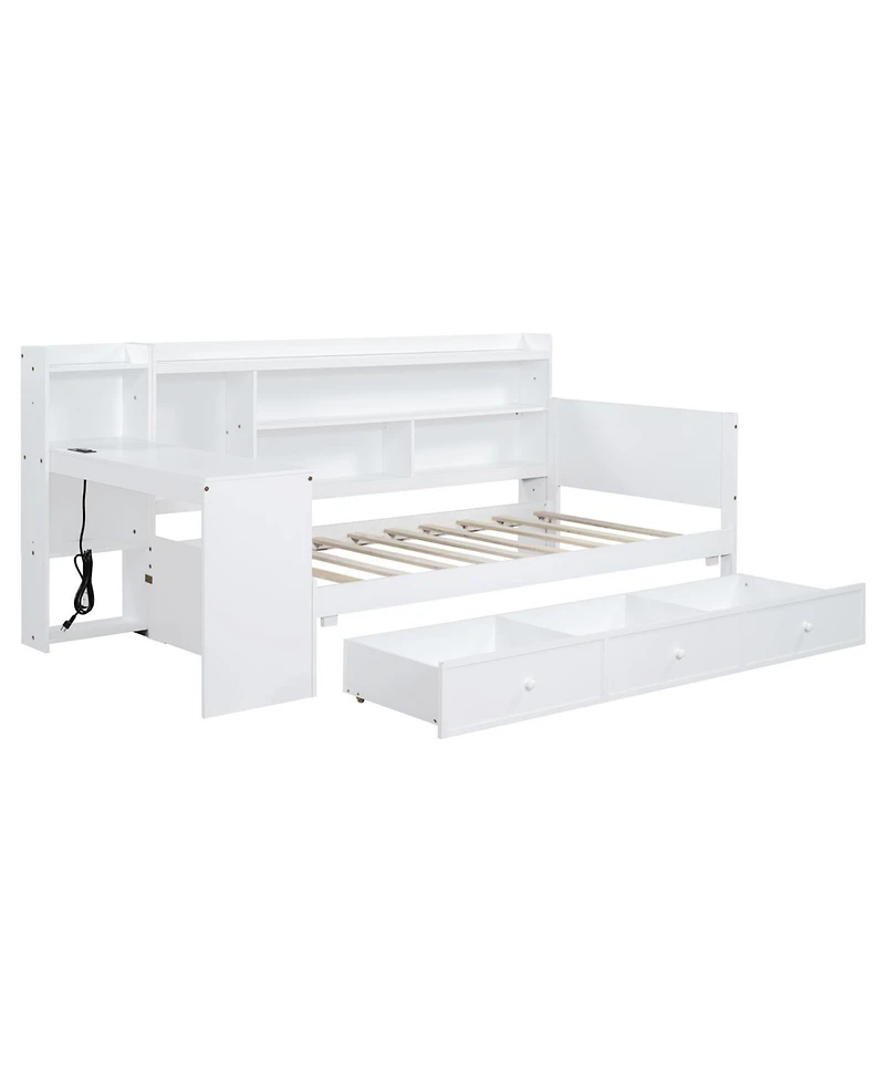 Streamdale Furniture Twin Size Wooden Daybed With 3 Drawers, Usb Ports and desk, White
