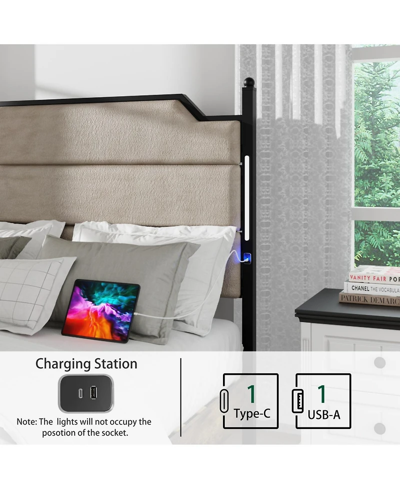 Streamdale Furniture Queen Bed Frame with Headboard, Charging Station, and Led Lights