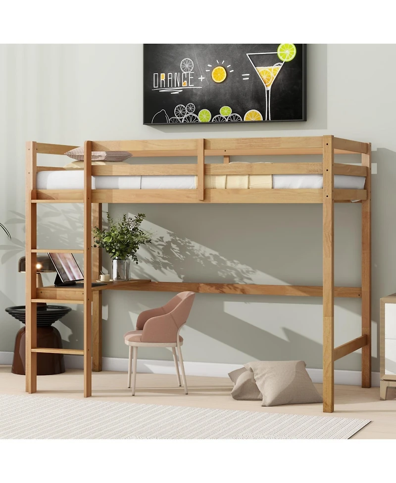 Streamdale Furniture Twin Loft Bed with Desk and Guardrail, White Oak