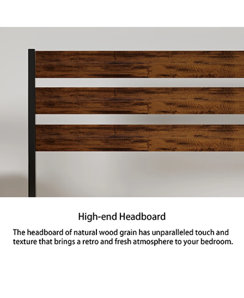 Streamdale Furniture Iron Platform Bed Frame with Rustic Wood Headboard & Footboard (Queen Size) - Brown