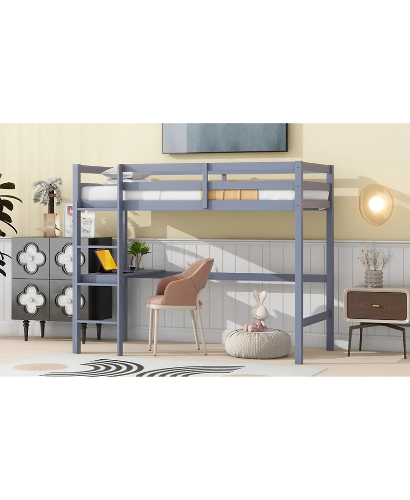 Streamdale Furniture Twin High Loft Bed, Rubber Wood Loft Bed with Safety Guardrail, built-in desk, ladder,Grey