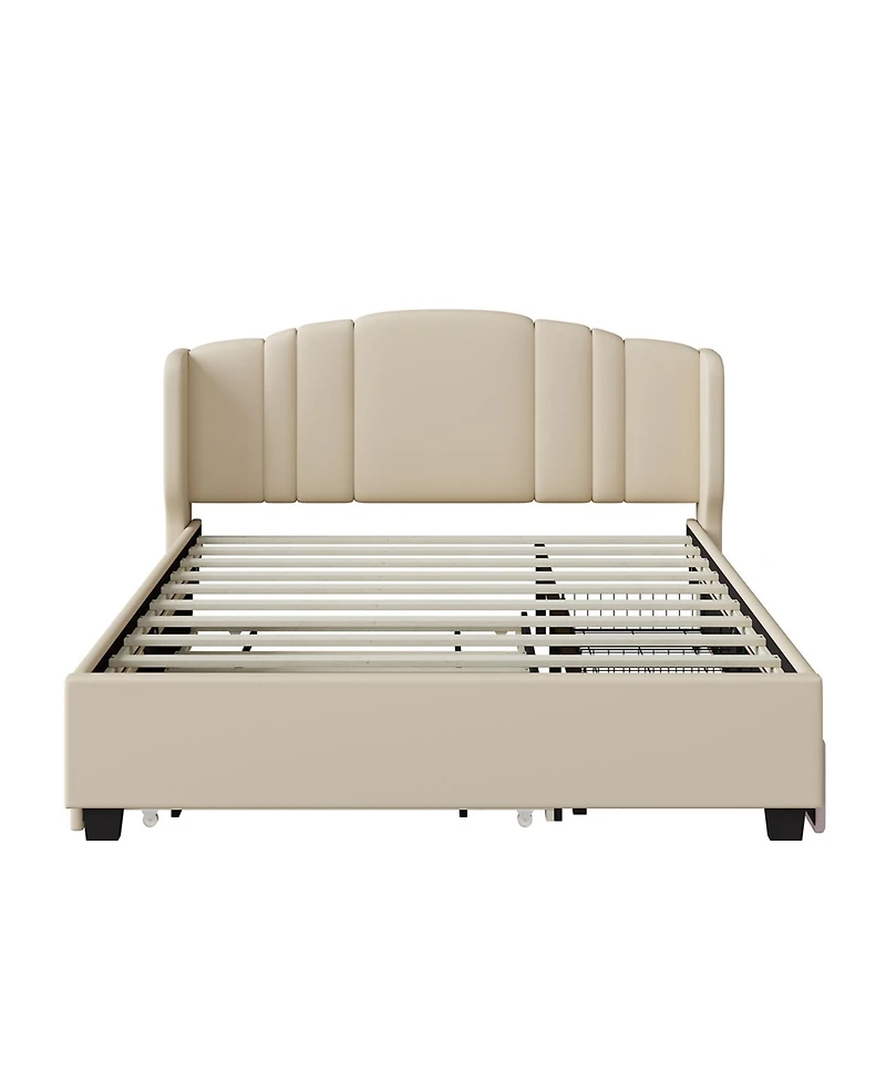 Streamdale Furniture + Queen Upholstered Wingback Headboard, Trundle, Drawers Platform Bed