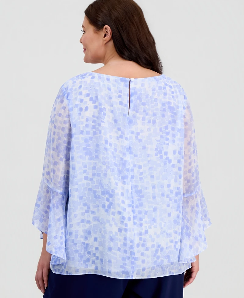 Kasper Plus Printed Ruffled-Sleeve Blouse
