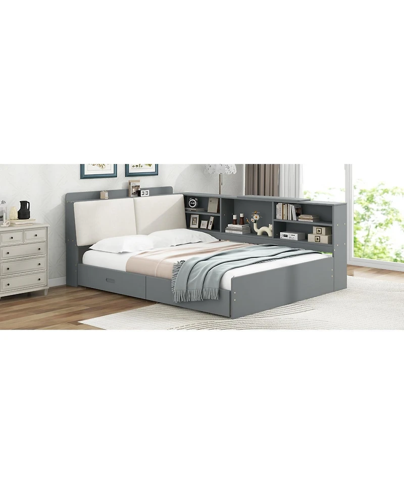 Wood Full Size platform bed with Storage Headboard, Shelves and 2 Drawers, White