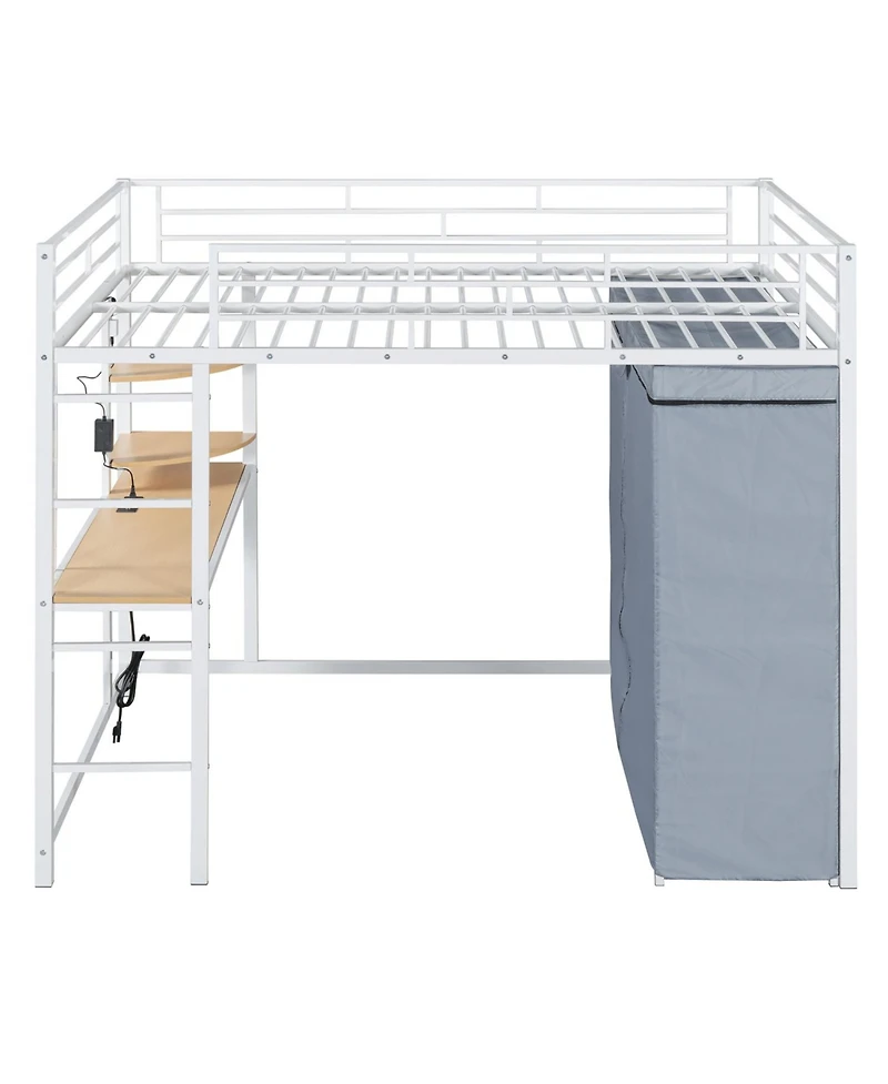 Streamdale Furniture Full Size Loft Metal Bed with Desk,Shelves,Power Outlet,Led Light and Wardrobe