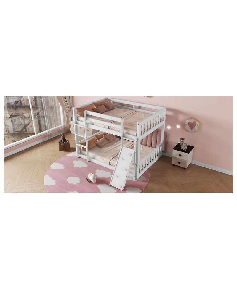Streamdale Furniture Twin Over Twin Floor Bunk Bed, Playhouse Floor Bunk Bed with Climbing Ramp, Ladder, Safety Guardrails,White
