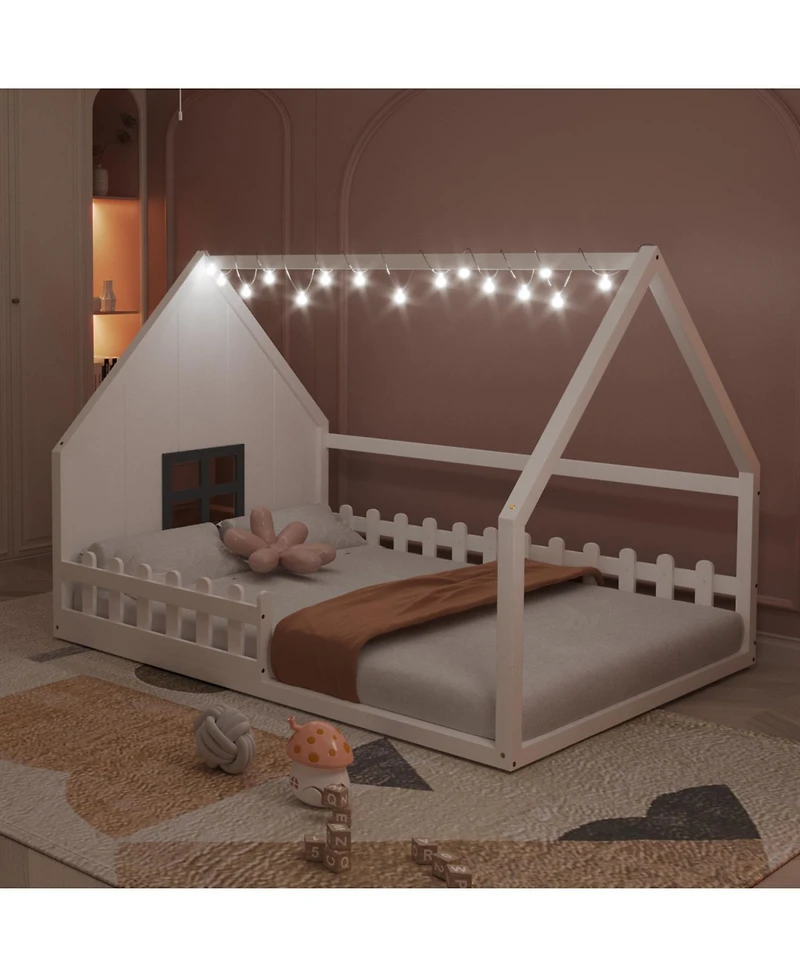 Streamdale Furniture Full Wood House Bed with Window and Fence.