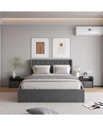 Streamdale Furniture Queen Size Bed Frame with 4 Storage Drawers and Wingback Headboard, Button Tufted Design