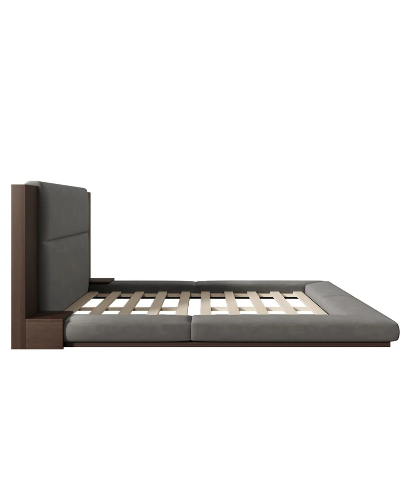 Streamdale Furniture Streamdale Floor Upholstered Platform Bed with Extended Wood Headboard & Bedside Shelf,No Box Spring Needed,King Size