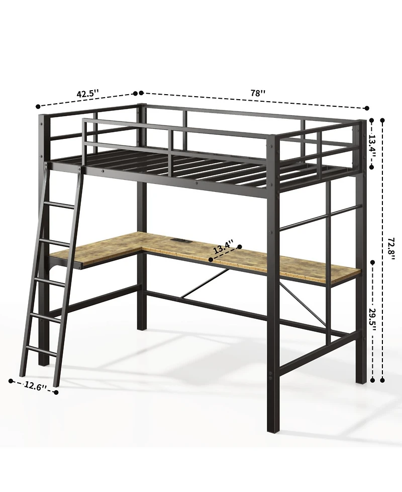 Streamdale Furniture Twin Loft Bed with Desk and Charging Station, Black