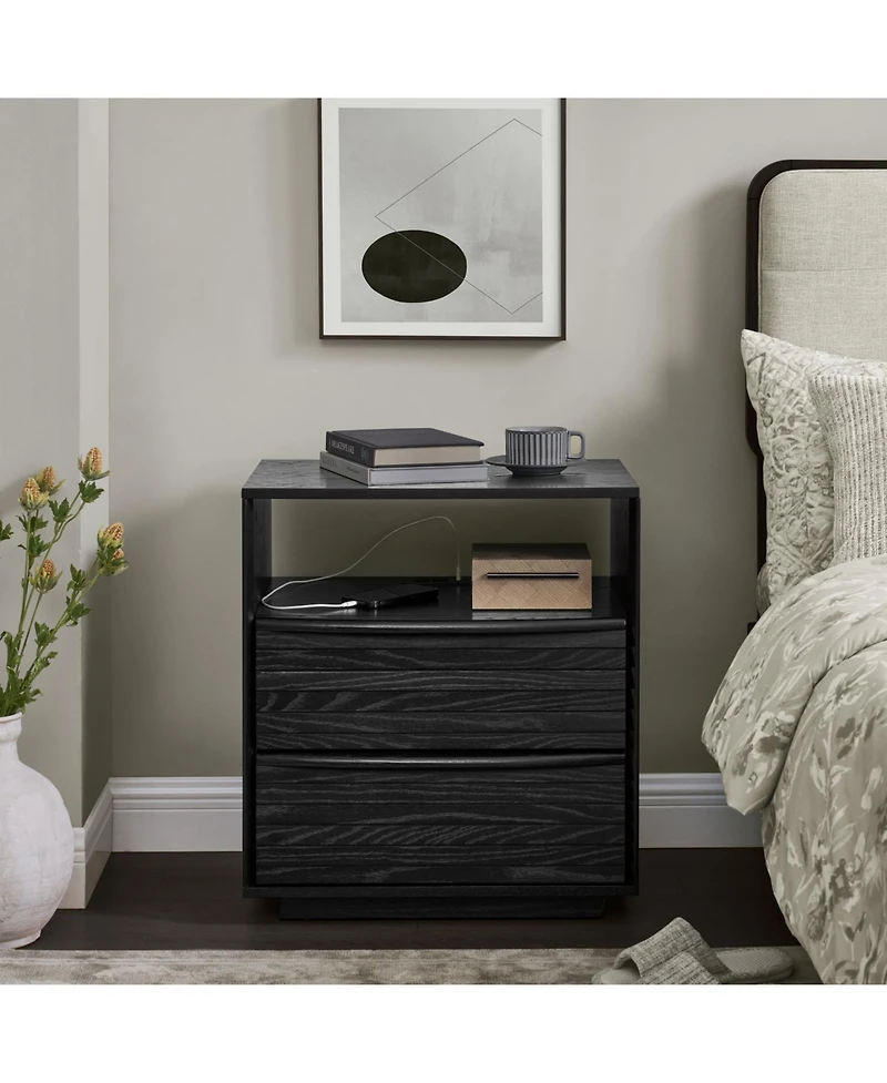 Streamdale Furniture Mid Century Modern Nightstand with Charging Station & Drawers Black