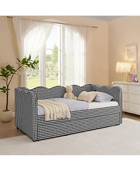 Streamdale Furniture Gingham Daybed with Trundle, Usb Port, Linen Fabric