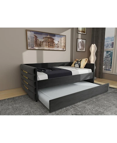 Streamdale Furniture Modern Twin Daybed with Trundle, Black Velvet & Gold Accents