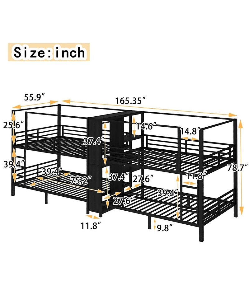 Streamdale Furniture Quadruple Metal Bunk Bed w/ Storage & Wardrobe
