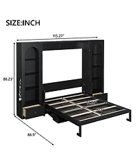 Streamdale Furniture Streamdale Queen Size Murphy Platform Bed with Shelf, Side Cabinets, Drawers and Led, Black